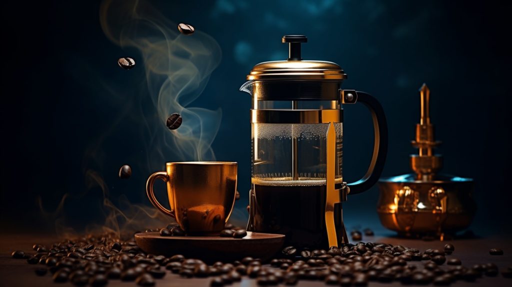 Cafetière à piston mise en scène avec un tasse et des grains de café - Méthodes Slow Coffee - BaristaPassion.com